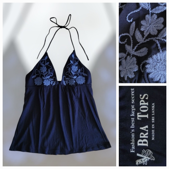 Victoria's Secret Tops - Built-in-Bra Y2K NEW Modal / Cotton Halter Top with Floral Embroidery Navy Tie